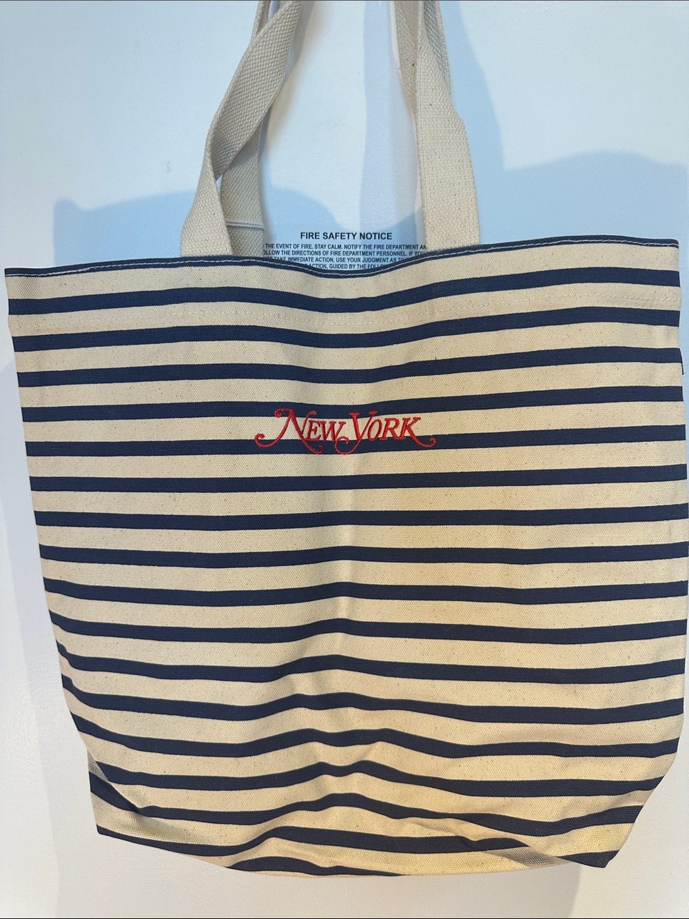 BAGGU Sailor Striped Canvas Tote in Navy and Cream with Red New York Embroidery